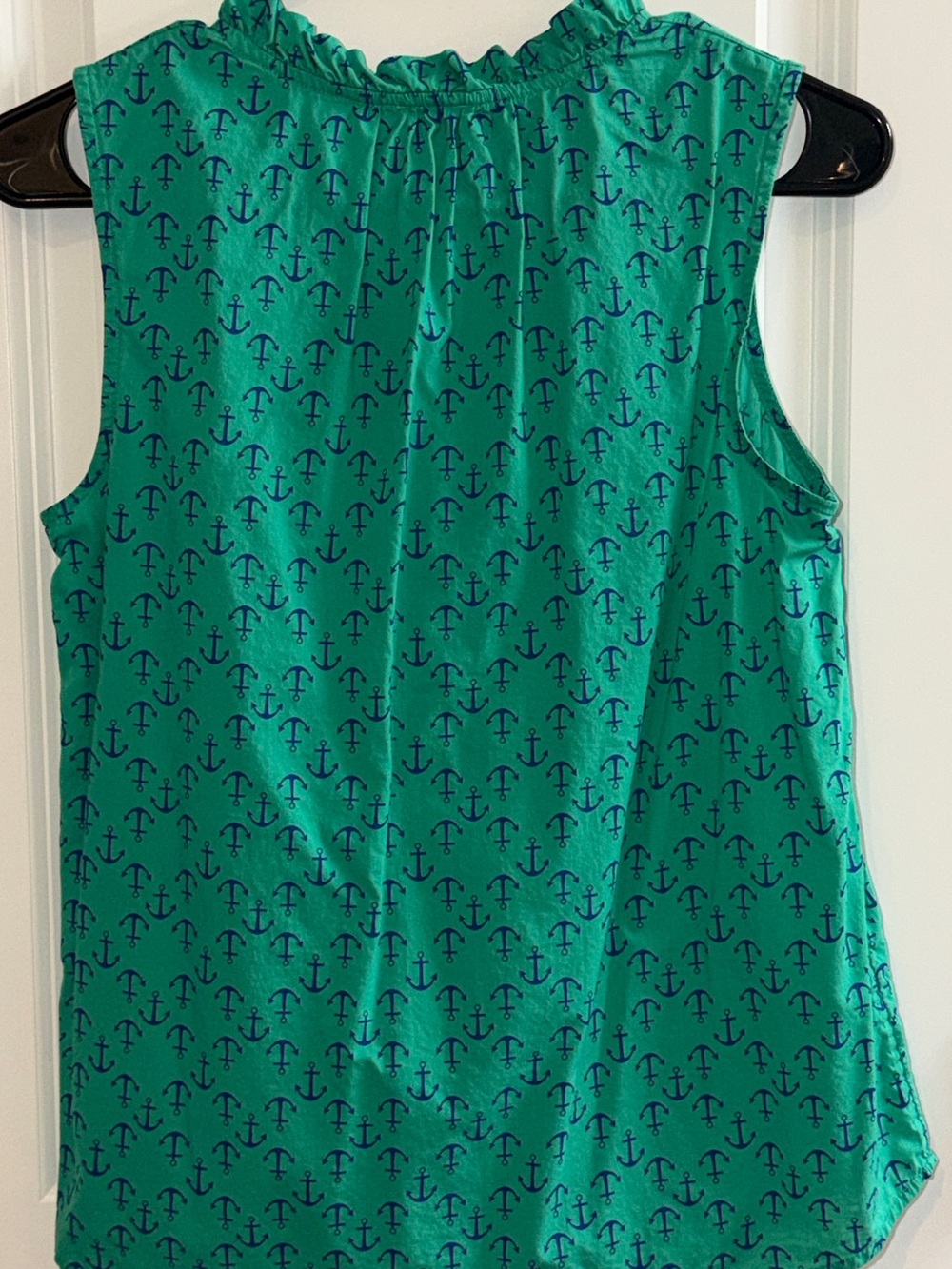 Talbots Petite Green Navy Anchor Print Ruffle Neck Top – Small Petite